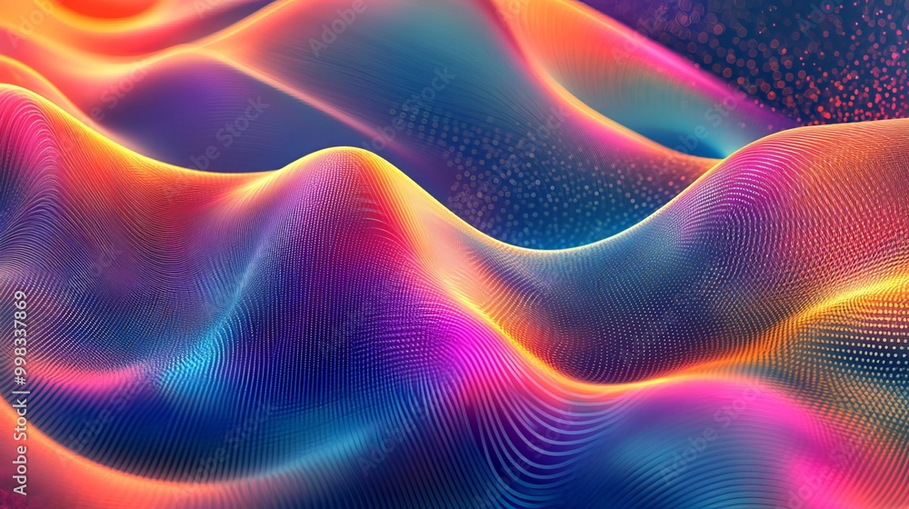 Abstract gradient hologram dynamic wave of particles. Digital technology background with smooth flow of colored abstract lines. Vector illustration. Abstract gradient hologram dynamic wave of particles. Digital technology background with smooth flow of colored abstract lines. Vector illustration.