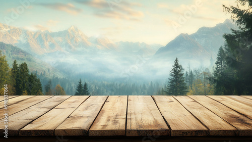 Empty wooden table top with a blurred mountain landscape background