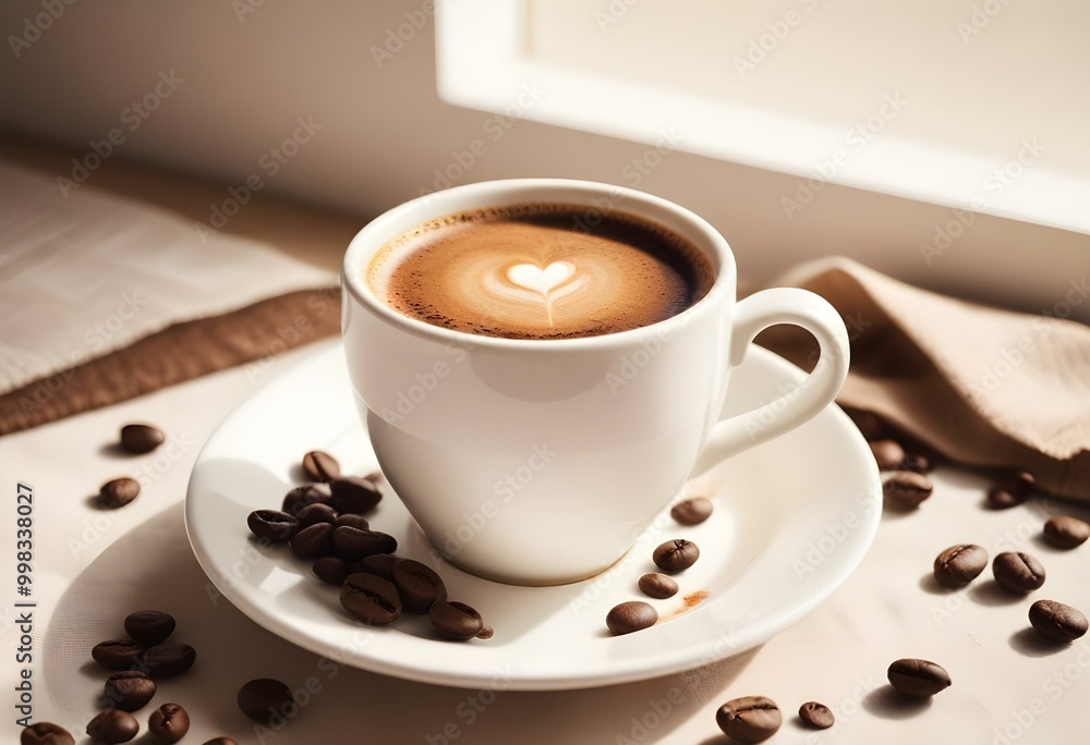 A white ceramic cup filled with freshly brewed coffee, surrounded by coffee beans on a white saucer A white ceramic cup filled with freshly brewed coffee, surrounded by coffee beans on a white saucer