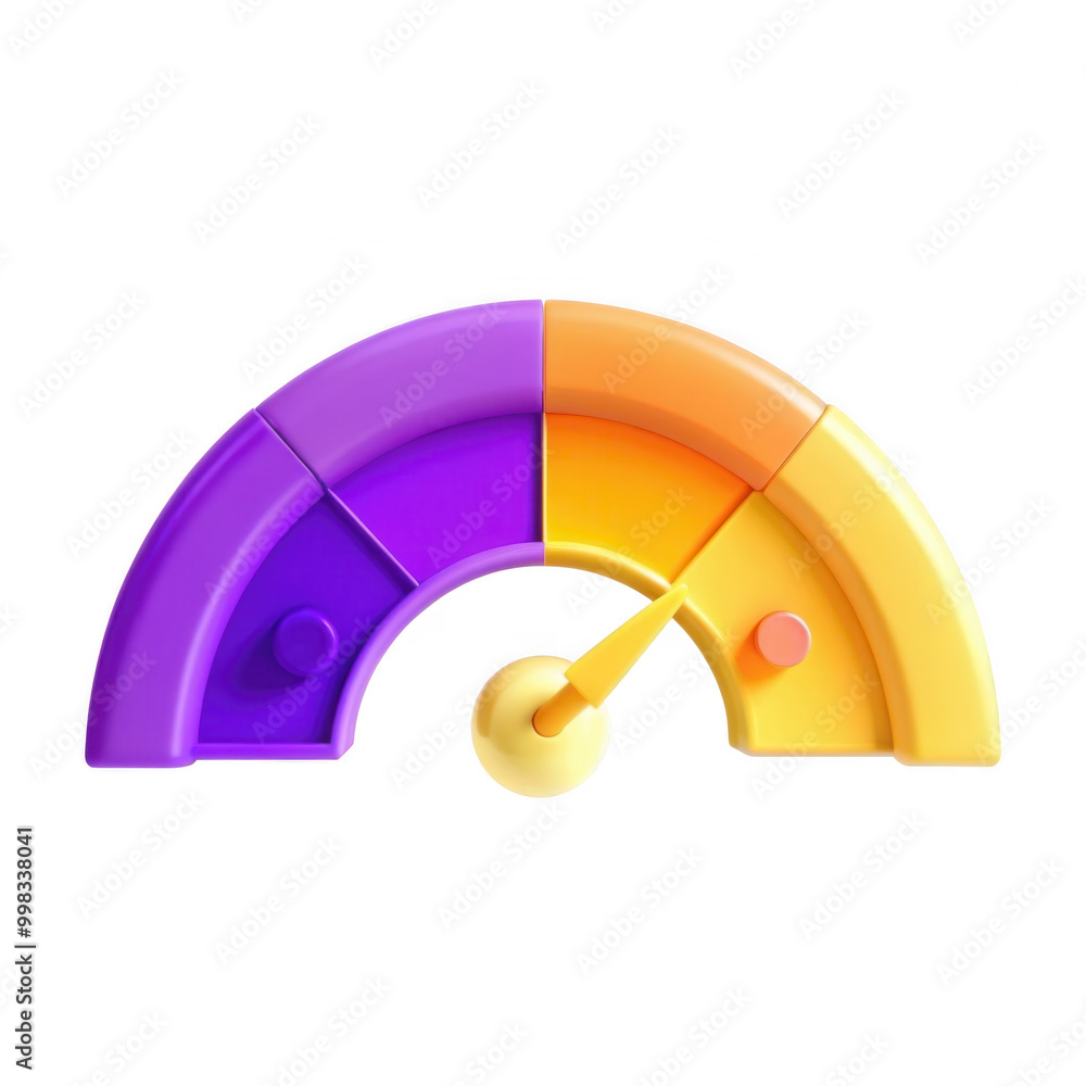 A vibrant, 3D model of a performance gauge featuring purple, orange, and yellow segments, showcasing a playful design suitable for presentations. A vibrant, 3D model of a performance gauge featuring purple, orange, and yellow segments, showcasing a playful design suitable for presentations.