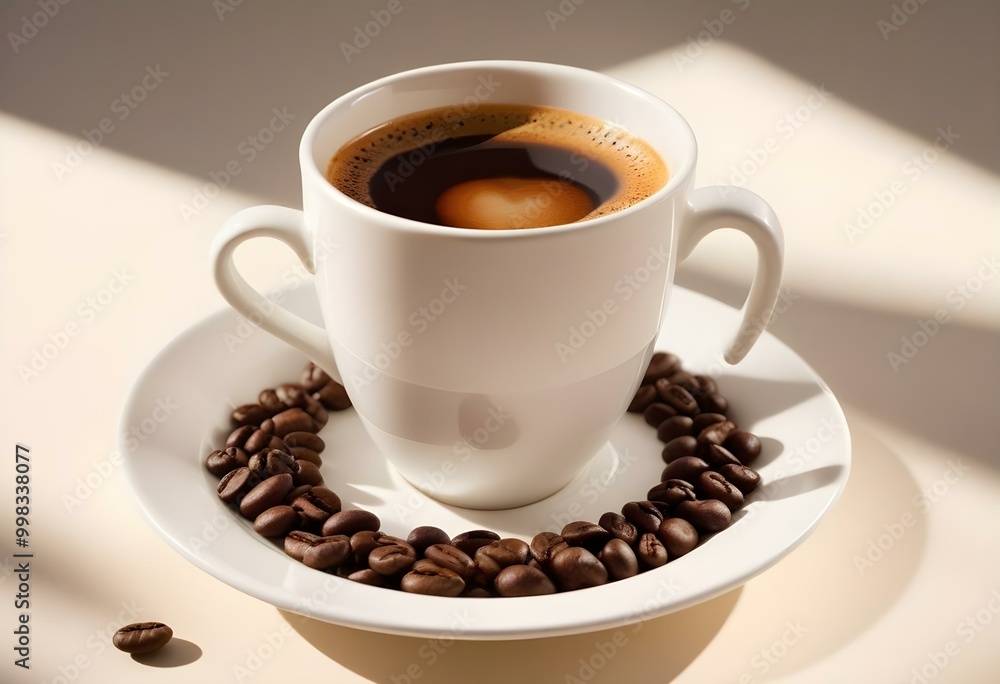 A white ceramic cup filled with freshly brewed coffee, surrounded by coffee beans on a white saucer A white ceramic cup filled with freshly brewed coffee, surrounded by coffee beans on a white saucer