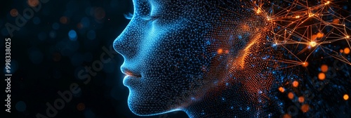 A close-up digital rendering of a human face illuminated in blue with network connections and glowing nodes showcasing advanced technology and artificial intelligence.