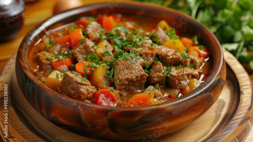 Close-up of appetizing meat goulash decorated with fresh chopped herbs in a deep wooden plate.