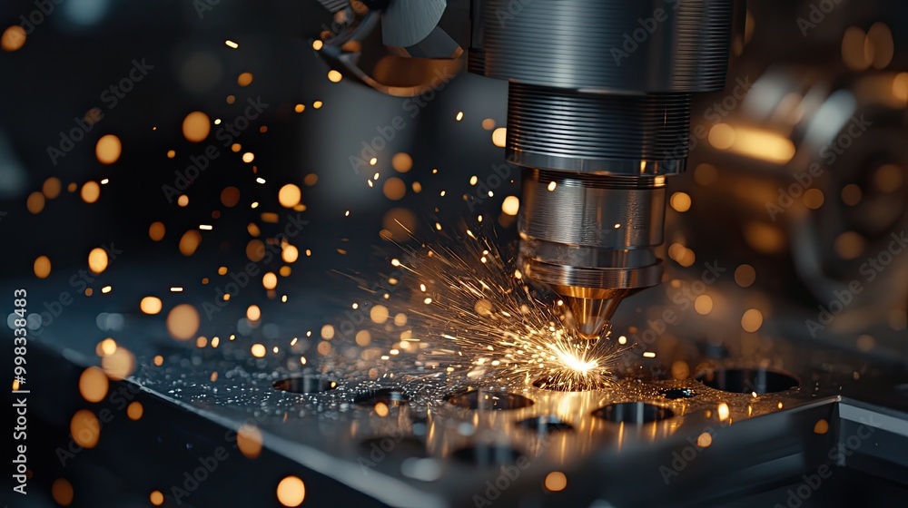 CNC machine cutting metal with precision, sparks flying as it works CNC machine cutting metal with precision, sparks flying as it works