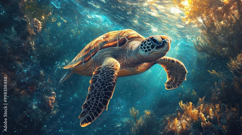 Fototapeta premium Frontal view of a sea turtle gracefully navigating through a kelp forest, enchanting bioluminescent plants lighting the ocean depths