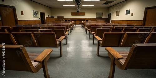 The Deafening Silence of Injustice: An empty courtroom, its benches and tables abandoned. photo