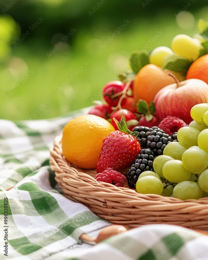 Vibrant Fruit Picnic Scene with Floral Decor Vibrant Fruit Picnic Scene with Floral Decor