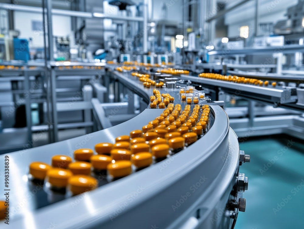 Fototapeta premium Tablets and pills on production line in medical factory, sharp focus and soft shadows