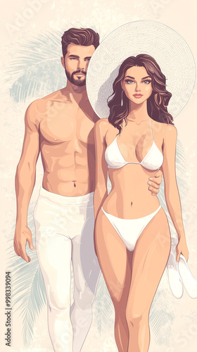 A man and a woman are walking on a beach. The man is wearing a white shirt and the woman is wearing a white bikini