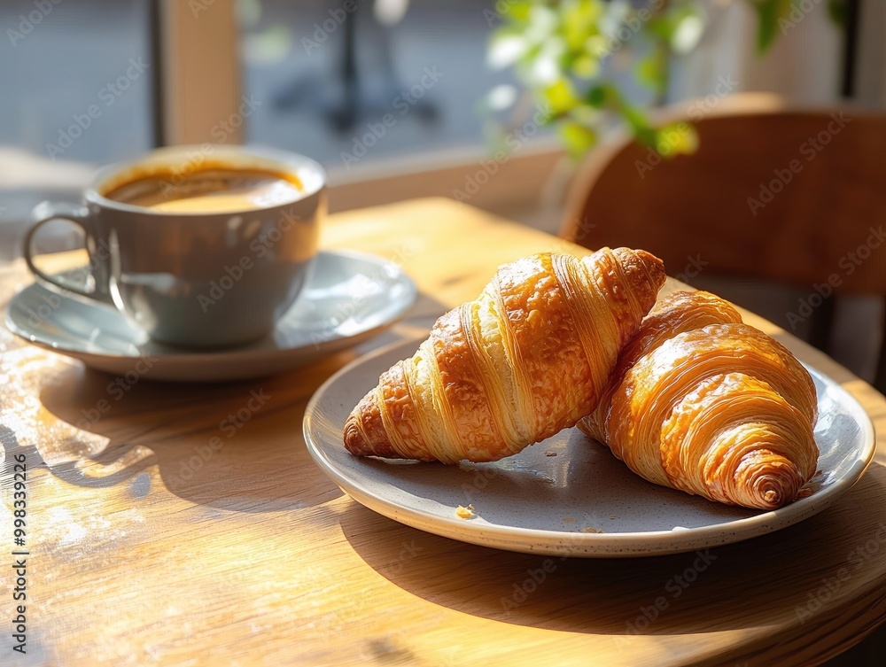 Eating breakfast at a modern cafe, fresh croissants and coffee on the table Eating breakfast at a modern cafe, fresh croissants and coffee on the table