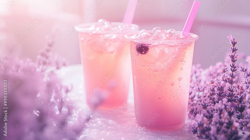 Bubble tea set against a soft lavender backdrop evoking a calming and sophisticated ambiance for your creative project