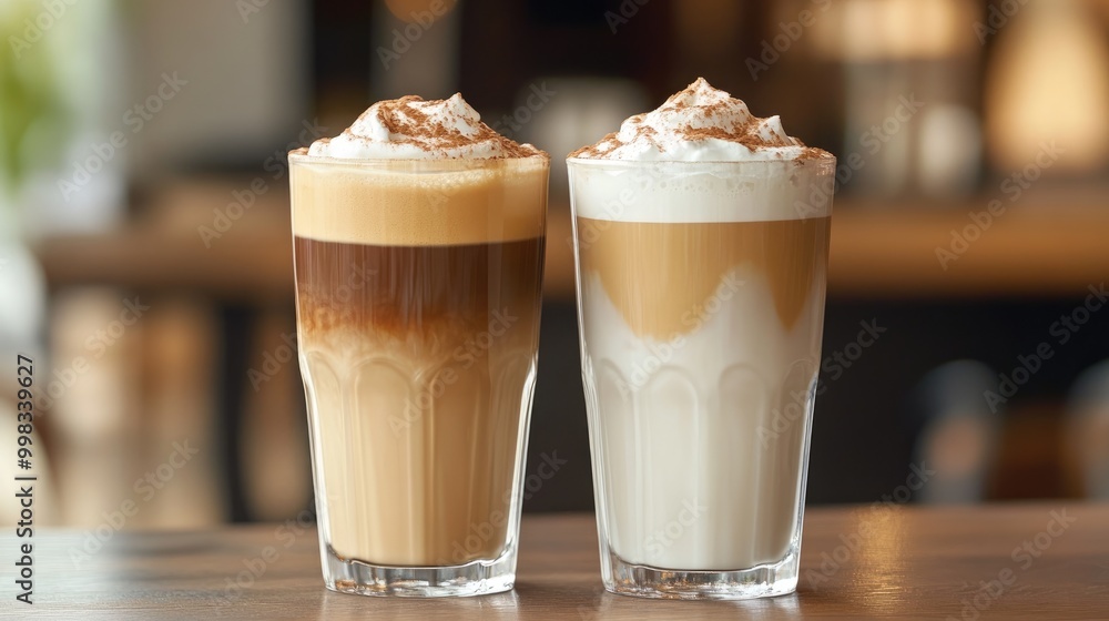 Two tall glasses of cold coffee topped with milk featuring iced cappuccino and frappuccino styles Two tall glasses of cold coffee topped with milk featuring iced cappuccino and frappuccino styles