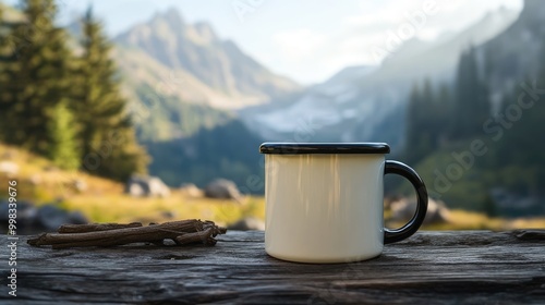 Blank white enamel cup mockup featuring a coffee mug with a scenic background ideal for camping and travel design themes