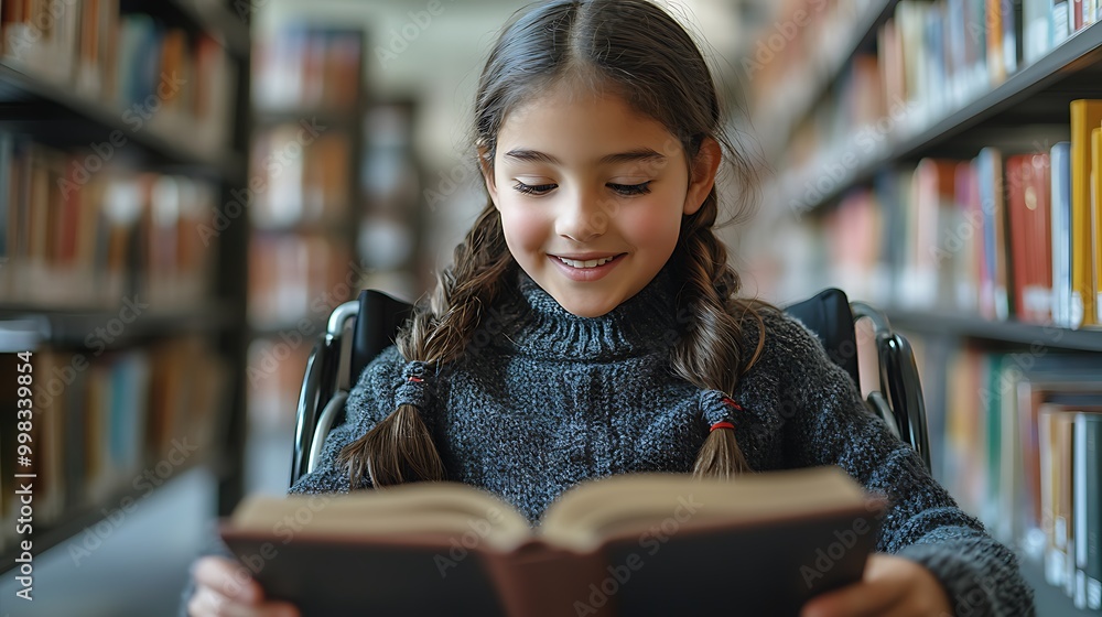 Happy young disabled mixed race school student in wheelchair reading a library book. African american child with disability learning. Inclusive & diverse education Happy young disabled mixed race school student in wheelchair reading a library book. African american child with disability learning. Inclusive & diverse education