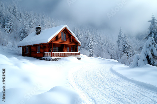 A log cabin in the snow with a driveway leading to it. The cabin is surrounded by trees and the snow is piled up around it. Scene is peaceful and serene, as the cabin is isolated from the hustle