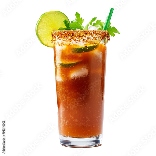 Spicy Michelada Cocktail glass with Fresh Lime Slice and Cilantro Leaf, Traditional Mexican Drink Made With Beer, Lime Juice and Spices, Isolated on Transparent Background