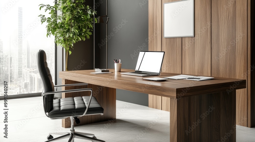 Executive desk with a laptop, documents, and a cup of coffee, minimalist design Executive desk with a laptop, documents, and a cup of coffee, minimalist design
