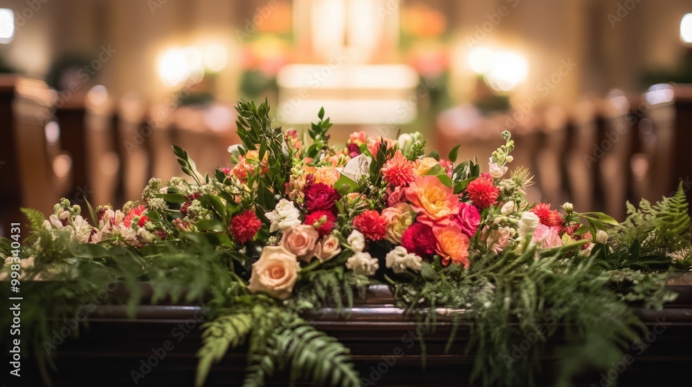 Fototapeta premium A beautifully decorated casket surrounded by vibrant flowers and soft lighting during a heartfelt church ceremony
