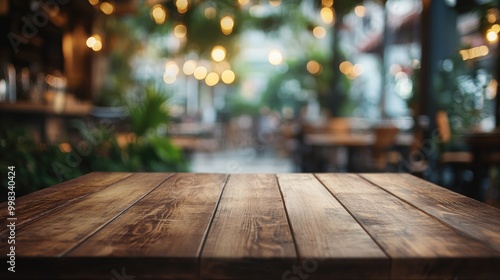 Wooden table in focus with a blurred coffee shop backdrop and bokeh effect