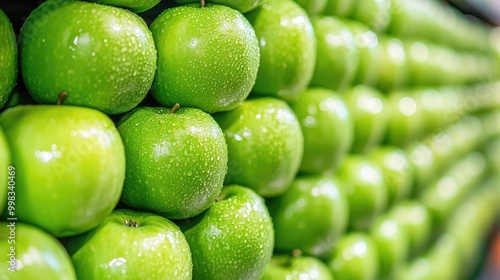 Fresh vibrant granny smith apples stacked in a delightful display photo