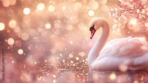 Fototapeta Naklejka Na Ścianę i Meble -  Romantic Christmas backdrop featuring pink rose and gold hues adorned with shimmering golden glitter particles and a graceful swan