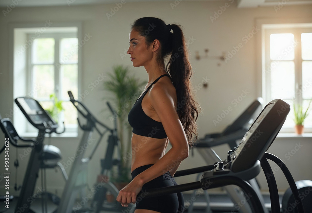A young woman with long dark hair wearing black sports bra and shorts is exercising on a treadmill in a home gym setting A young woman with long dark hair wearing black sports bra and shorts is exercising on a treadmill in a home gym setting