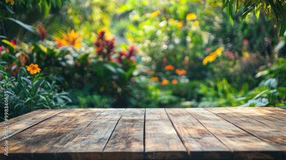 Empty wooden table with a lush garden view in the background ideal for showcasing products High quality image Empty wooden table with a lush garden view in the background ideal for showcasing products High quality image