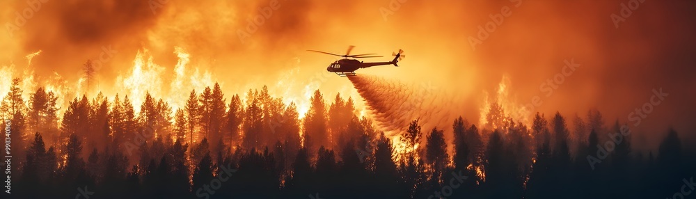 Helicopter Dropping Water to Extinguish Raging Forest Fire with Flames Engulfing Trees Helicopter Dropping Water to Extinguish Raging Forest Fire with Flames Engulfing Trees