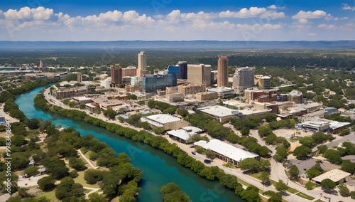 Aerial view of New Braunfels, Texas, USA, featuring the skyline of the city 