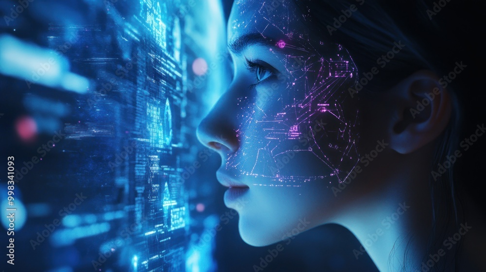 A Woman's Face Overlaid with Digital Data A Woman's Face Overlaid with Digital Data