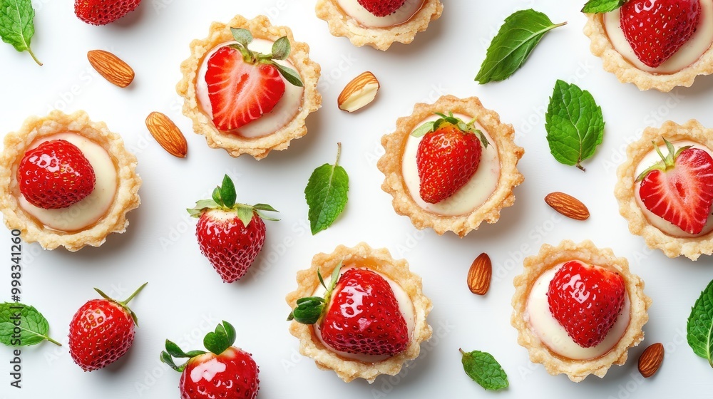 Delightful arrangement of mini strawberry tarts filled with vanilla custard garnished with mint leaves and almond flakes on a clean white background Perfect for showcasing homemade desserts Top vi Delightful arrangement of mini strawberry tarts filled with vanilla custard garnished with mint leaves and almond flakes on a clean white background Perfect for showcasing homemade desserts Top vi