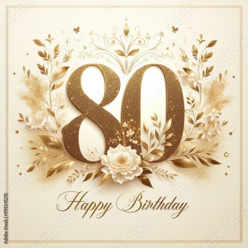 Elegant 80th birthday greeting with gold flowers and ornate decorations.