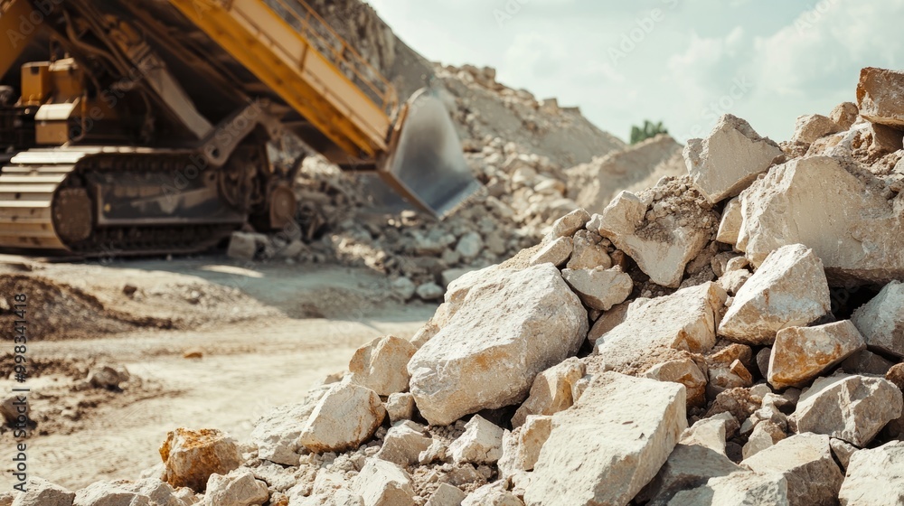 Fototapeta premium Stone crushing machinery in a rock and ore quarry focusing on the process of breaking granite stones