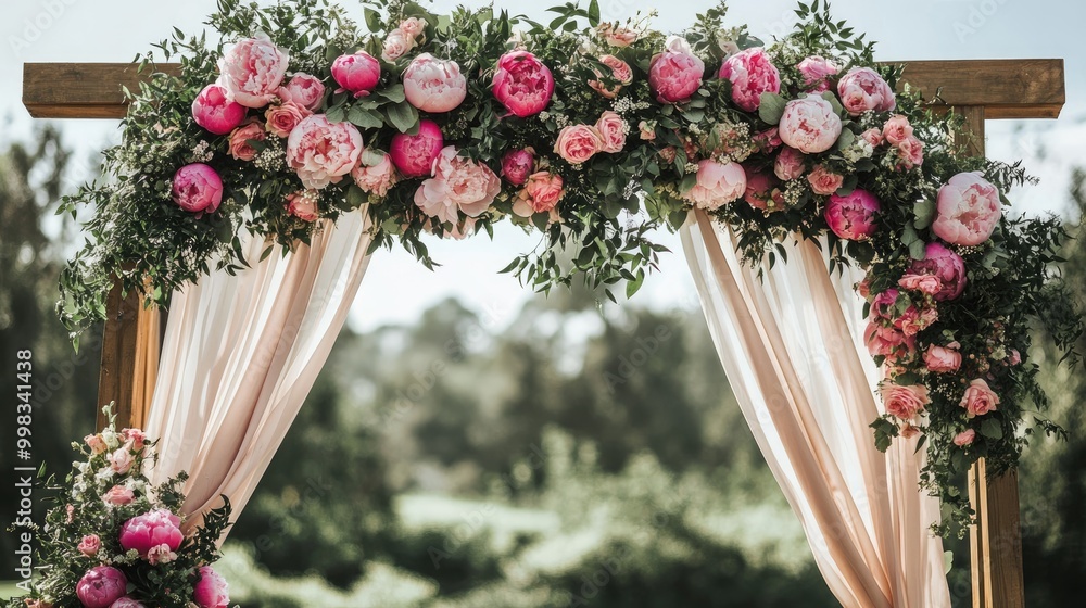 Elegant boho wedding arch adorned with abundant pink peonies and roses complemented by luxurious satin and silk drapes for a beautiful ceremony Elegant boho wedding arch adorned with abundant pink peonies and roses complemented by luxurious satin and silk drapes for a beautiful ceremony