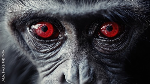 Close up of a monkey s face featuring striking red eyes photo