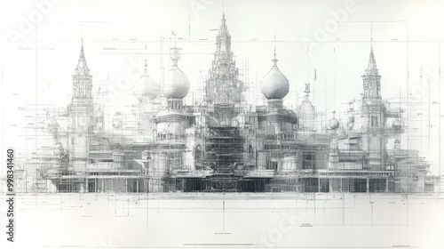 Cross-section CAD drawing of a huge building, future brutalism skyskribers style, with multiple towers and floors, white background, technical blueprint photo