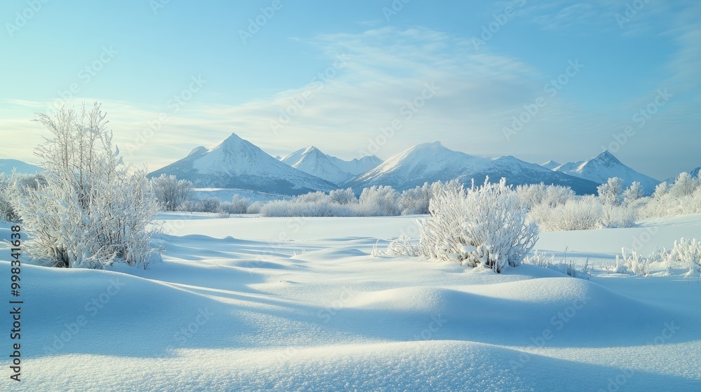Fototapeta premium Scenic snowy meadow with snow covered mountains in the background featuring a tranquil winter landscape devoid of any people