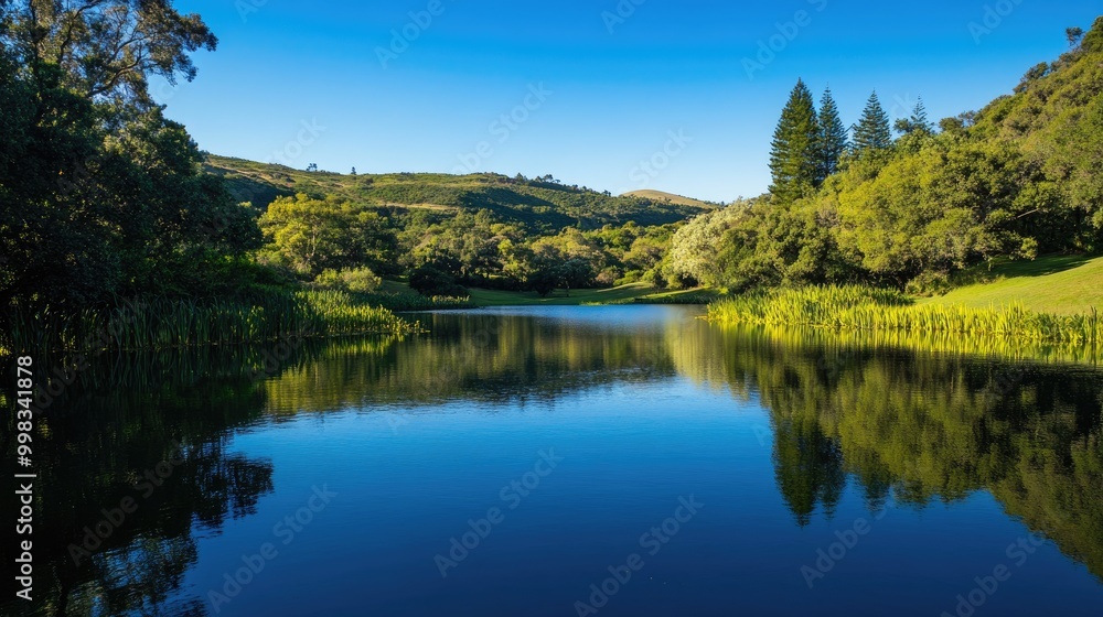 Serene pond encircled by lush trees and rolling hills with reflections shimmering on the surface of the water Serene pond encircled by lush trees and rolling hills with reflections shimmering on the surface of the water