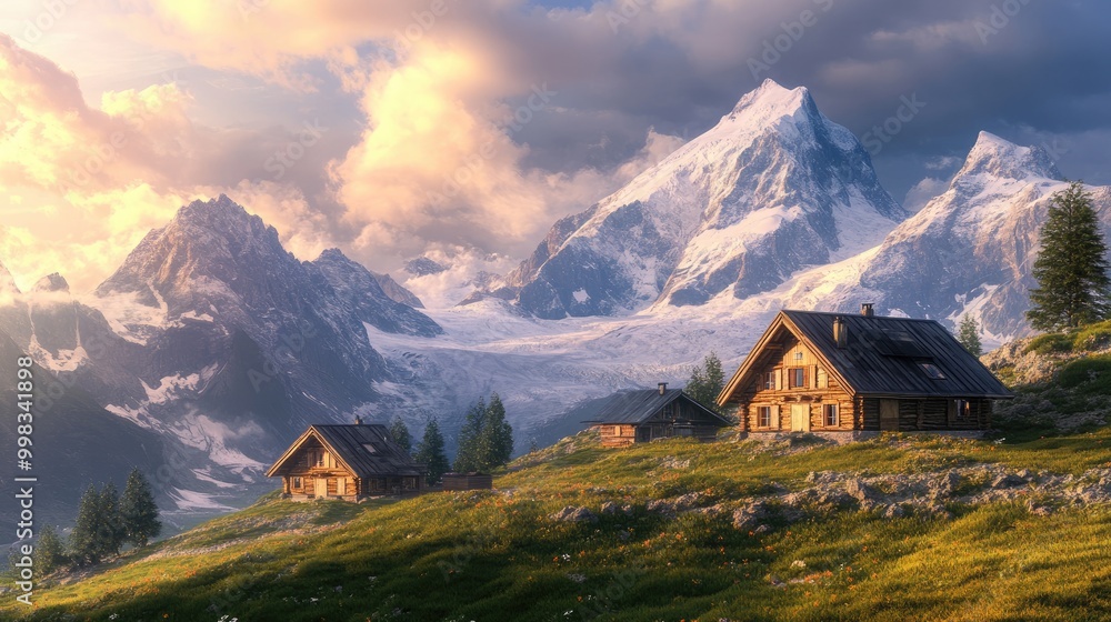 Charming mountain huts set against a stunning mountainous backdrop Charming mountain huts set against a stunning mountainous backdrop