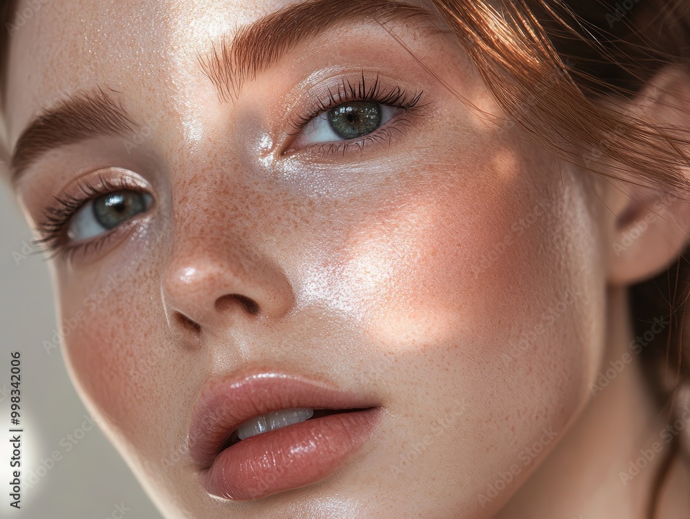 Fototapeta premium Fresh skin makeup look, radiant and natural, minimal makeup with a glowing face
