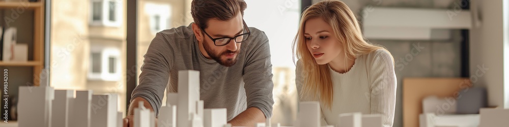 A man and a woman are looking at a model of a building. The man is wearing glasses and the woman is wearing a white shirt. They are both focused on the model A man and a woman are looking at a model of a building. The man is wearing glasses and the woman is wearing a white shirt. They are both focused on the model