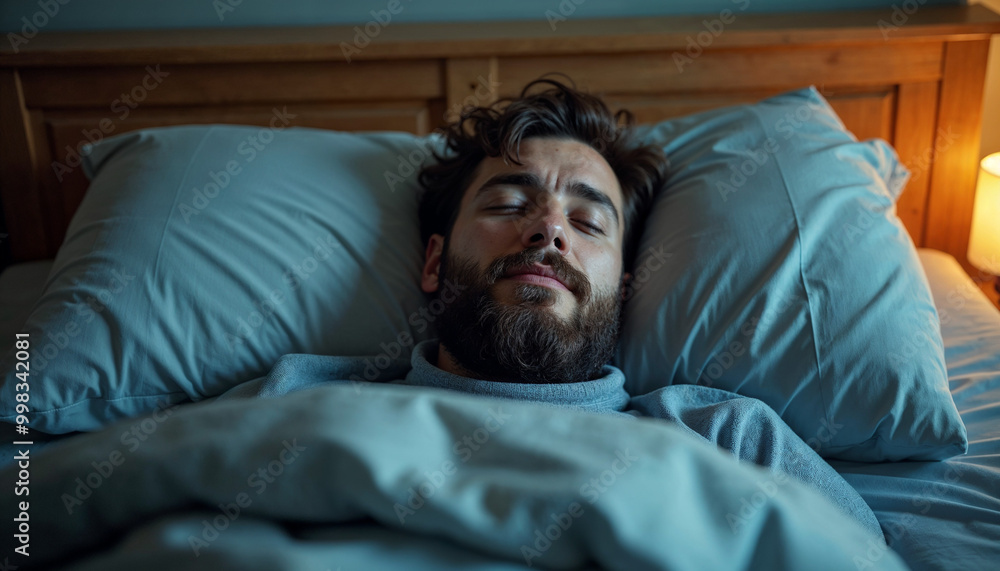 Close-up of handsome bearded man sleeping in bed at home enjoying good sleep, top view, copy space Close-up of handsome bearded man sleeping in bed at home enjoying good sleep, top view, copy space