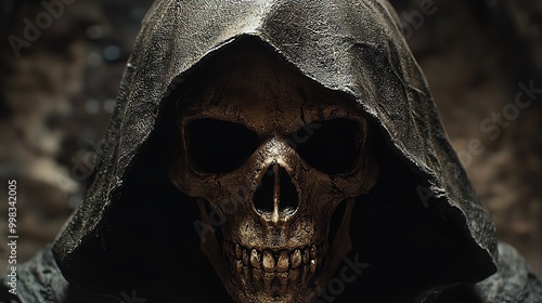 A hooded figure with a skeletal face and hollow eyes, glaring menacingly.