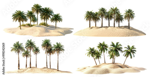 Set of tropical oasises with lush palm trees on sandy dunes, cut out