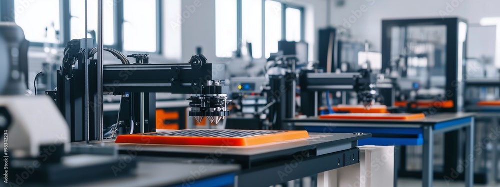 Modern manufacturing setup featuring multiple 3D printers in a well-lit workshop with equipment on display Modern manufacturing setup featuring multiple 3D printers in a well-lit workshop with equipment on display