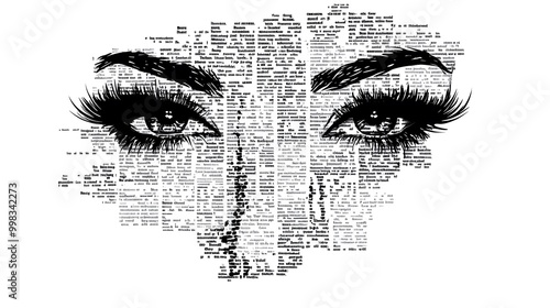 Black-and-white newspaper photograph of a beautiful woman's face, created from words