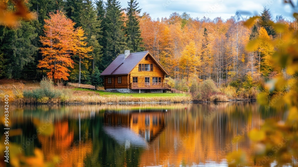 Obraz premium Cozy cabins and cottages nestled by a tranquil lake and vibrant autumn forest for relaxing retreats and mindful fall holidays Picturesque nature escapes amidst beautiful autumn scenery