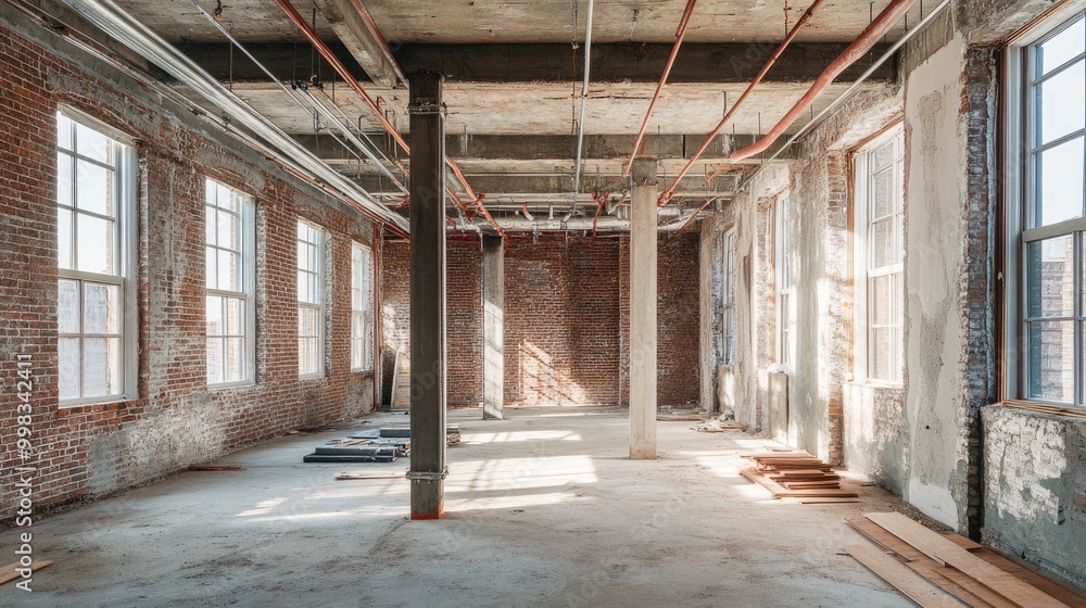 Loft space under construction featuring raw brick walls and a ceiling adorned with poles and tubes in an expansive building Loft space under construction featuring raw brick walls and a ceiling adorned with poles and tubes in an expansive building