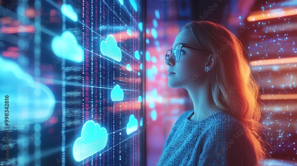 Woman analyzing digital data with cloud icons and binary code. Woman analyzing digital data with cloud icons and binary code.