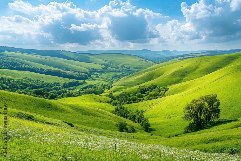 Green rolling hills stretching as far as the eye can see, a peaceful and vibrant landscape Green rolling hills stretching as far as the eye can see, a peaceful and vibrant landscape